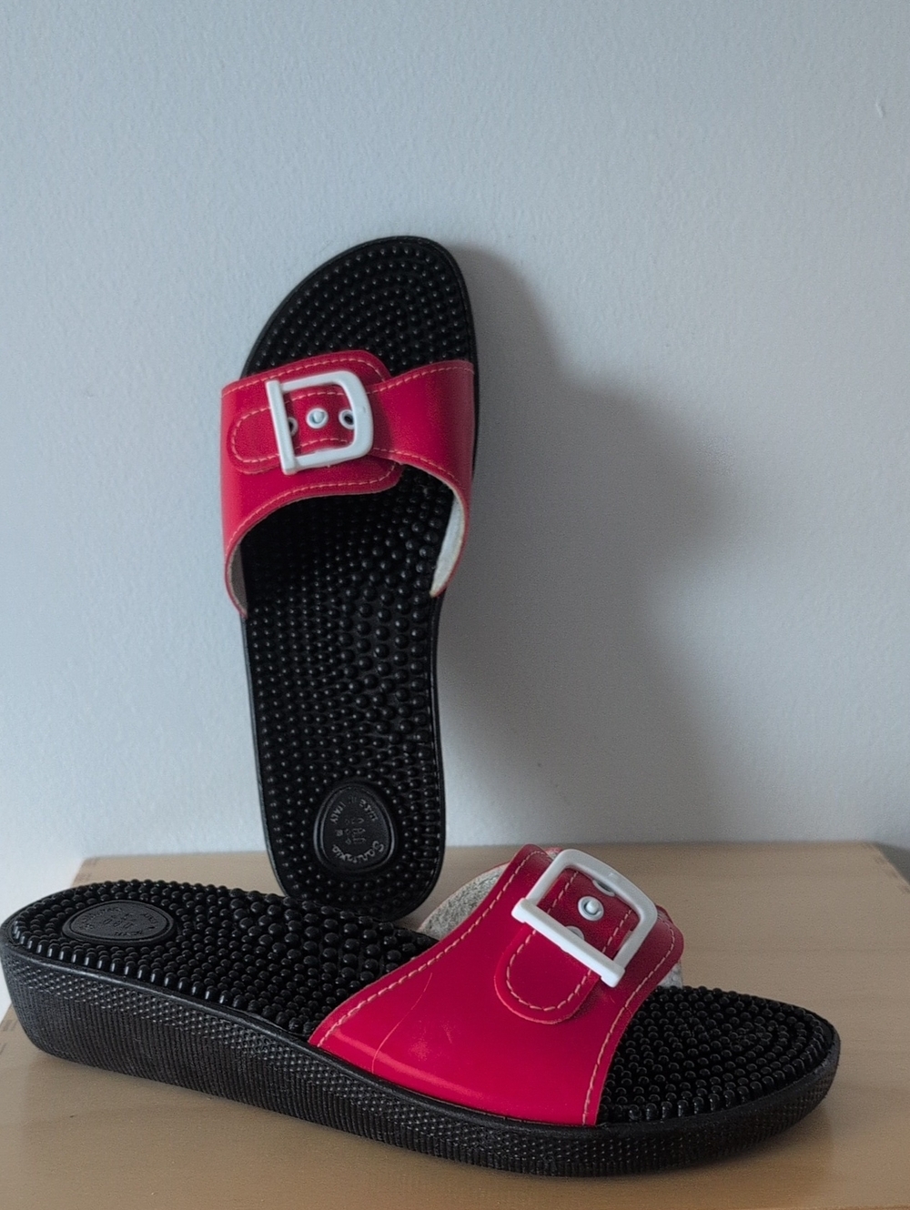 Women's Red Slide Sandals with Buckle Accent
